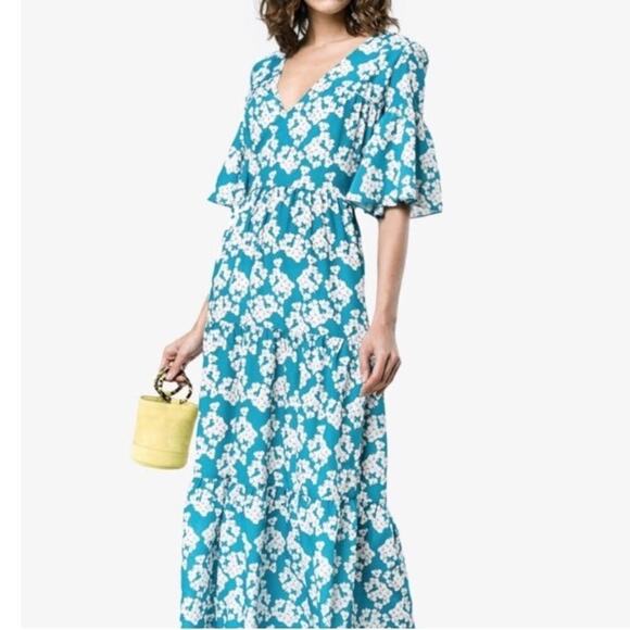 Borgo De Nor Teodora Crepe Dress Bouquet Blue White Flutter Sleeve Maxi Size 2 - Picture 1 of 14
